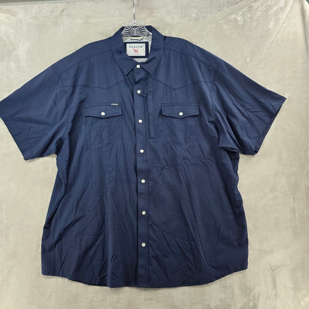 Poncho Western Shirt Men XXL Blue Short Sleeve Pearl Snap Regular Fit Utility